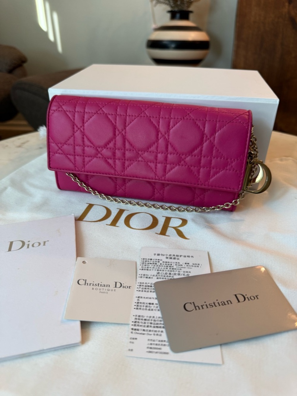 Christian Dior Fuchsia Cannage leather WOC wallet on Chain